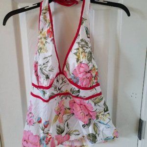zinc White Red Floral Halter Top vintage vneck